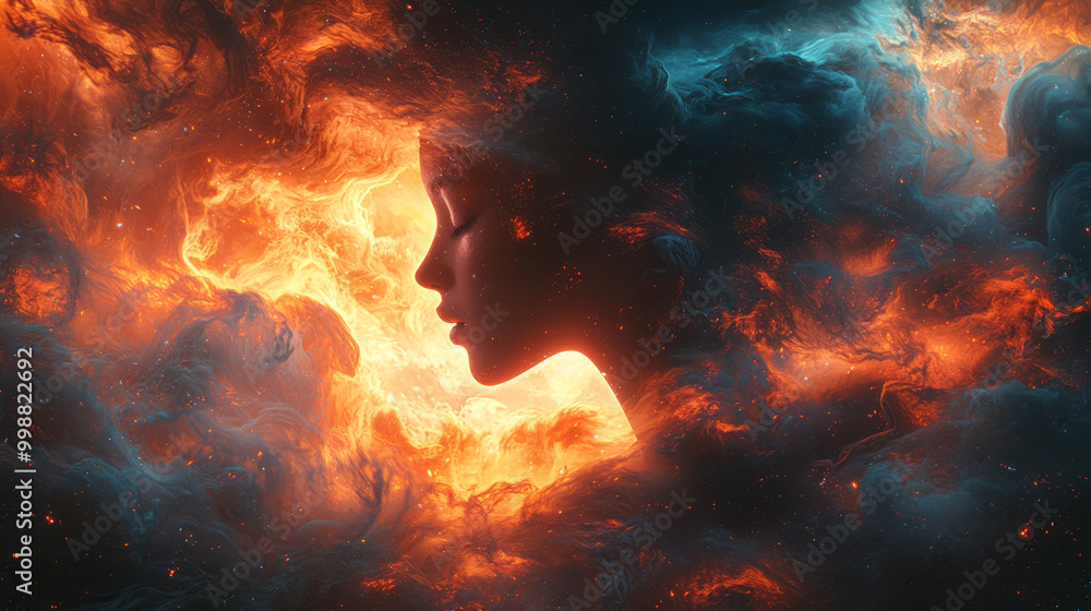 Poster a silhouette of a person surrounded by swirling clouds and abstract shapes, representing the complex