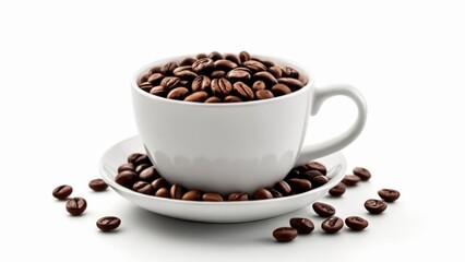  Coffee beans overflowing from a white cup and saucer