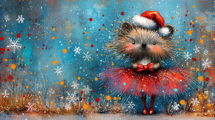   A depiction of a hedge adorned in a red tutu, Santa hat, and red skirt festooned with snowflakes