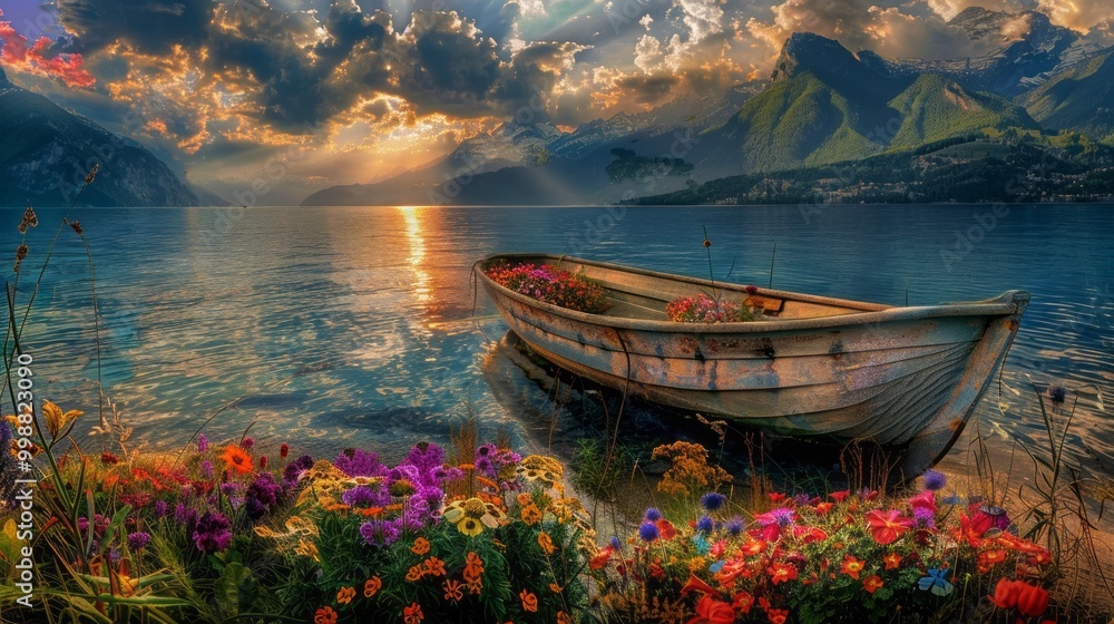 Poster a boat is floating on a lake with a beautiful sunset in the background