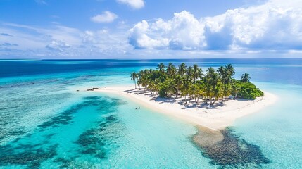 Aerial view of a tropical island with clear blue waters, palm trees, vacation paradise, summer holiday.