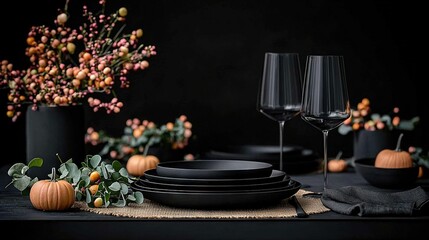   Black plates atop table; black vases hold orange-green leaves, flower