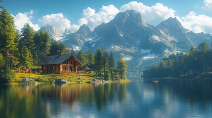 Fototapeta premium Cabin by the Lake with Mountain Views