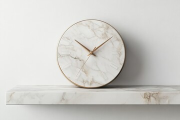 marble clock on shelf against white wall, elegant decor accessories concept banner with marble theme