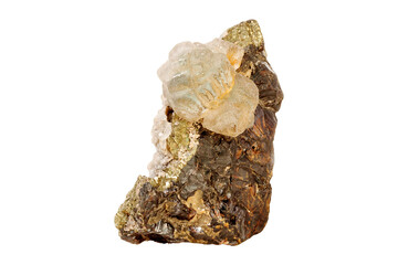 Sphalerite with fluorite mineral stone and pyrite on a white background