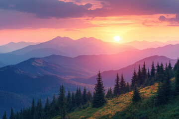 Obraz premium A dramatic mountain ridge silhouetted against a colorful sunset,
