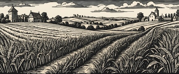 vintage medieval illustration of wheat fields with cloudy sky