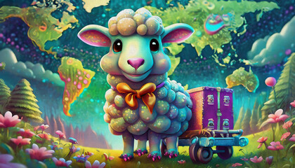 Fototapeta premium oil painting style cartoon character illustration animated A close up of a cute baby sheep 