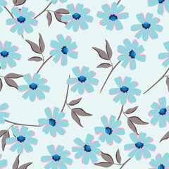 blue seamless vector stock flowers with leaves pattern on cream background