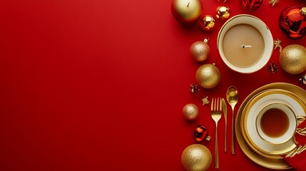 Obraz premium View from above of an elegantly set family New Year's dinner table. Gold-colored cutlery, a cup, baubles, a candle, and holiday decorations adorn a rich red backdrop, leaving ample space for text