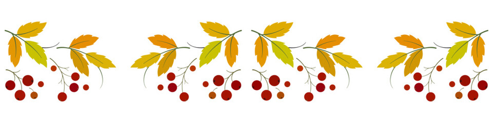 Autumn seamless border of leaves. Repeating floral ornament. Holiday pattern of bright leaves and berries on white background. Decor for Thanksgiving Day. Fall seasonal design with rowan berries. © Aqvatali