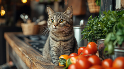 A cat sitting on a kitchen counter, watching intently as its owner prepares a meal,