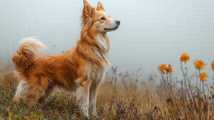 A dog standing proudly at the top of a hill,