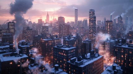Fototapeta premium A panoramic cityscape at dusk, skyscrapers ablaze with warm lights, smoke curling from chimneys, capturing the cozy vibe of a winter city.