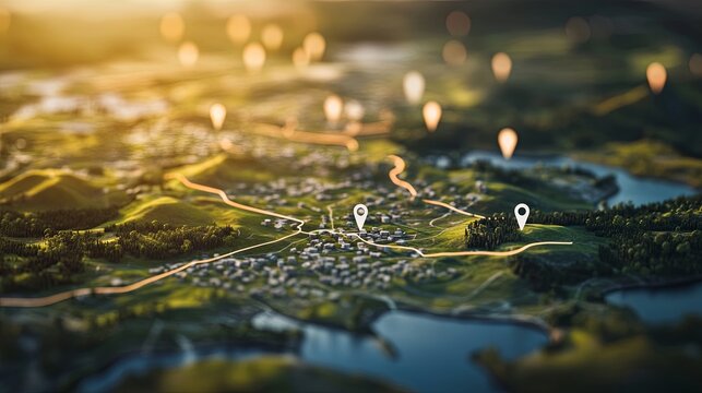 Bird's-eye perspective of terrain with visual markers representing connectivity and strategic planning for land development projects.
