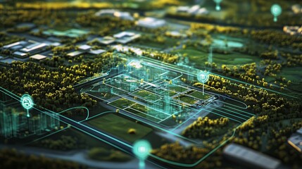 Bird's-eye perspective of terrain with visual markers representing connectivity and strategic planning for land development projects.