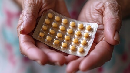 Birth control pills in hand of an older woman