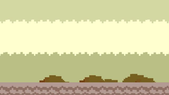 Old style 16-bit game animation of a landscape with bushes passing by, pixel art, tree.