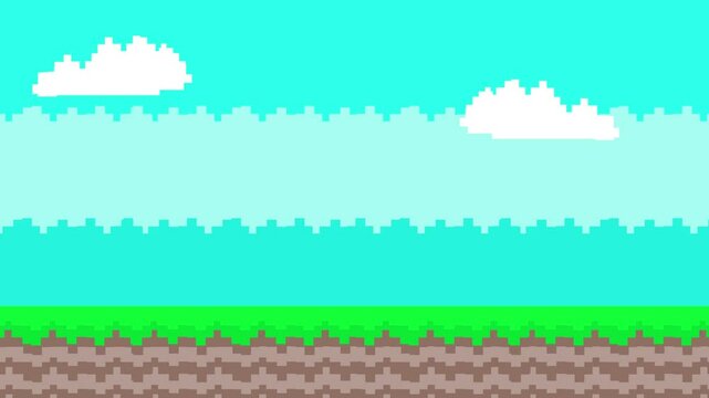 Old style 16-bit game animation of a passing landscape, pixel art.