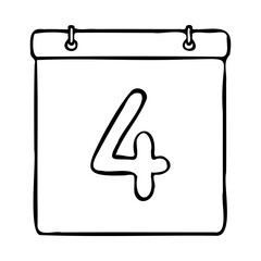 Black and white outline calendar icon. Hand drawn calendar icon image. Calendar icon concept. Calendar icon at 4th date. Fun and cute calendar design. Perfect for kids themed design, business concept