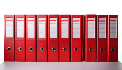 A row of red binders with white labels
