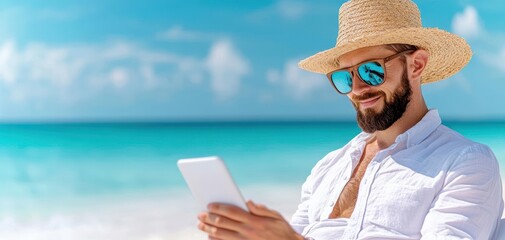 Fototapeta premium Man in straw hat and sunglasses using tablet on sunny beach with turquoise water and blue sky.