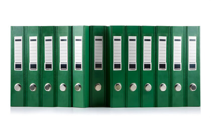 A row of green binders with white labels