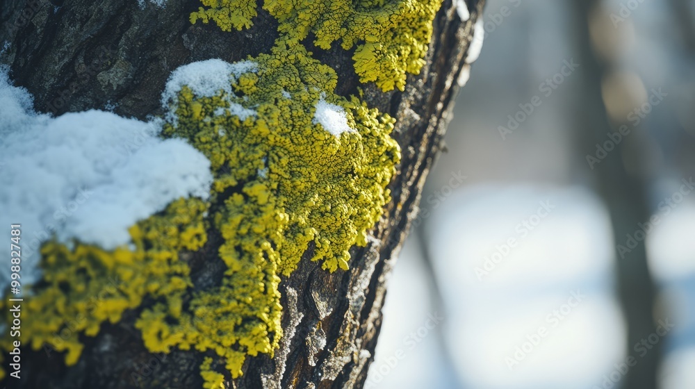 Poster a vibrant green lichen clinging to the bark of a snow-covered tree, its intricate patterns adding a 