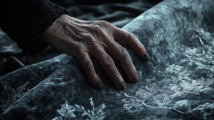 A weathered hand, calloused from years of craftsmanship, delicately inspecting a roll of rich velvet fabric.