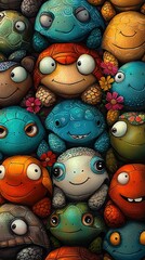 Obraz premium Painting depicts several multi-colored turtles wearing flower crowns, appearing content