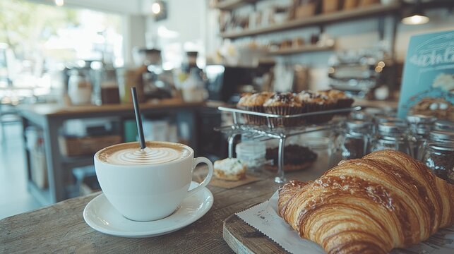  A mug of java resting atop an end-table with a flaky croissant on a platter nearby