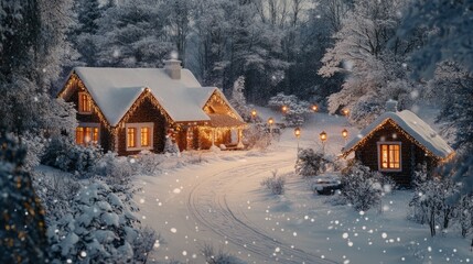Cozy winter houses with snow-laden roofs and twinkling lights, capturing the warmth and charm of holiday season home settings