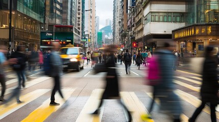 Fototapeta premium Busy city street during rush hour, people walking, traffic in the background, urban lifestyle.