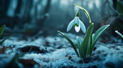 Delicate snowdrop, pure white petals cradled in emerald leaves, a beacon of hope in a frozen world