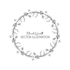 Floral decoration wreath and round labels. Branch and minimalist flowers.