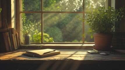 Sunlight Streaming Through Rustic Window with Books and Plant