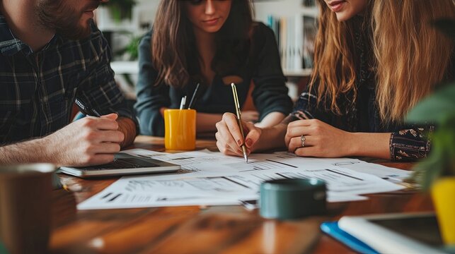 Entrepreneur couple, a woman and a man, collaborating on business plans