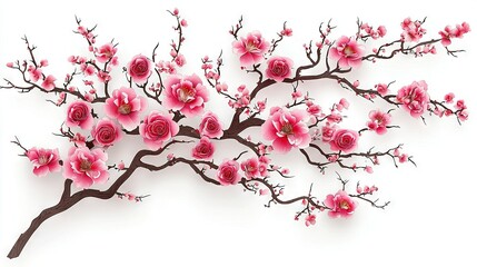Naklejka premium A pink-flowered tree branch on white, with a shadowed replica
