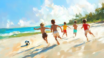 Children playing football on a sunny day, running towards a soccer ball on a sandy beach