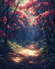 Obraz premium A quiet forest scene with fresh spring blossoms hanging from the trees, creating a tunnel of flowers over a natural woodland path,