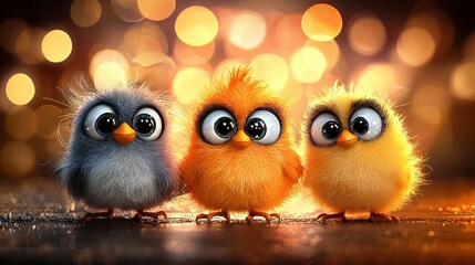   A trio of tiny birds perched together atop a wooden plank, surrounded by brilliant illumination