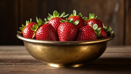  Fresh strawberries in a golden bowl ready to be enjoyed