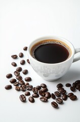  A cup of coffee atop a table, nearby a mound of coffee beans, on a pristine white surface
