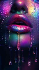 droplets trickle from her parted lips, forming a vibrant, rainbow-hued puddle at her chin