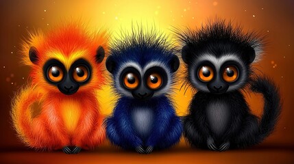 Fototapeta premium Three monkeys on top of yellow and orange backgrounds, facing red and orange backdrops