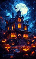  A painting of a house adorned with pumpkins in front, full moon rising behind