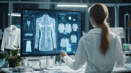 A fashion designer collaborates with an AI system to create unique clothing designs, featuring digital models showcasing innovative outfits and vibrant fabrics