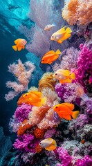 Obraz premium A large school of orange and white fish swim above coral teeming with sea anemones