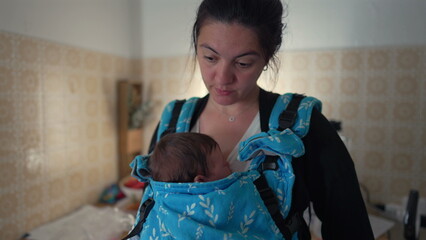 Mother looking at her baby while wearing a baby carrier in the kitchen, tender and intimate moment that highlights the nurturing and loving bond of family life