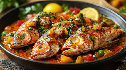 Rich Red Fish with curry paste served on a plate. Generative AI